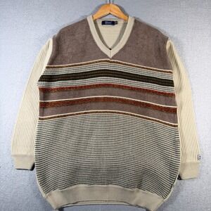 Vintage Most By M.S Chawla Mens V Neck Striped Knit Sweater Beige Brown Size 44